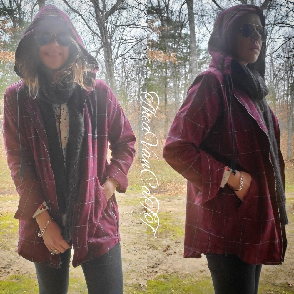 Vintage Style 1990s Plaid Hooded Zip Up Jacket 2 pockets retro grunge festival